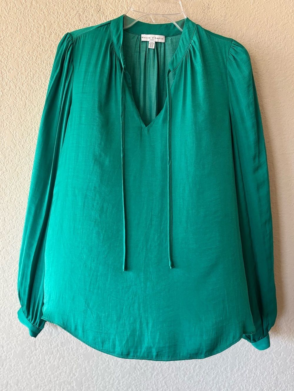 Maison d'Amelie Womens Tie Neck Top Green Size XS Smocked Cuff Ruffle Capsule